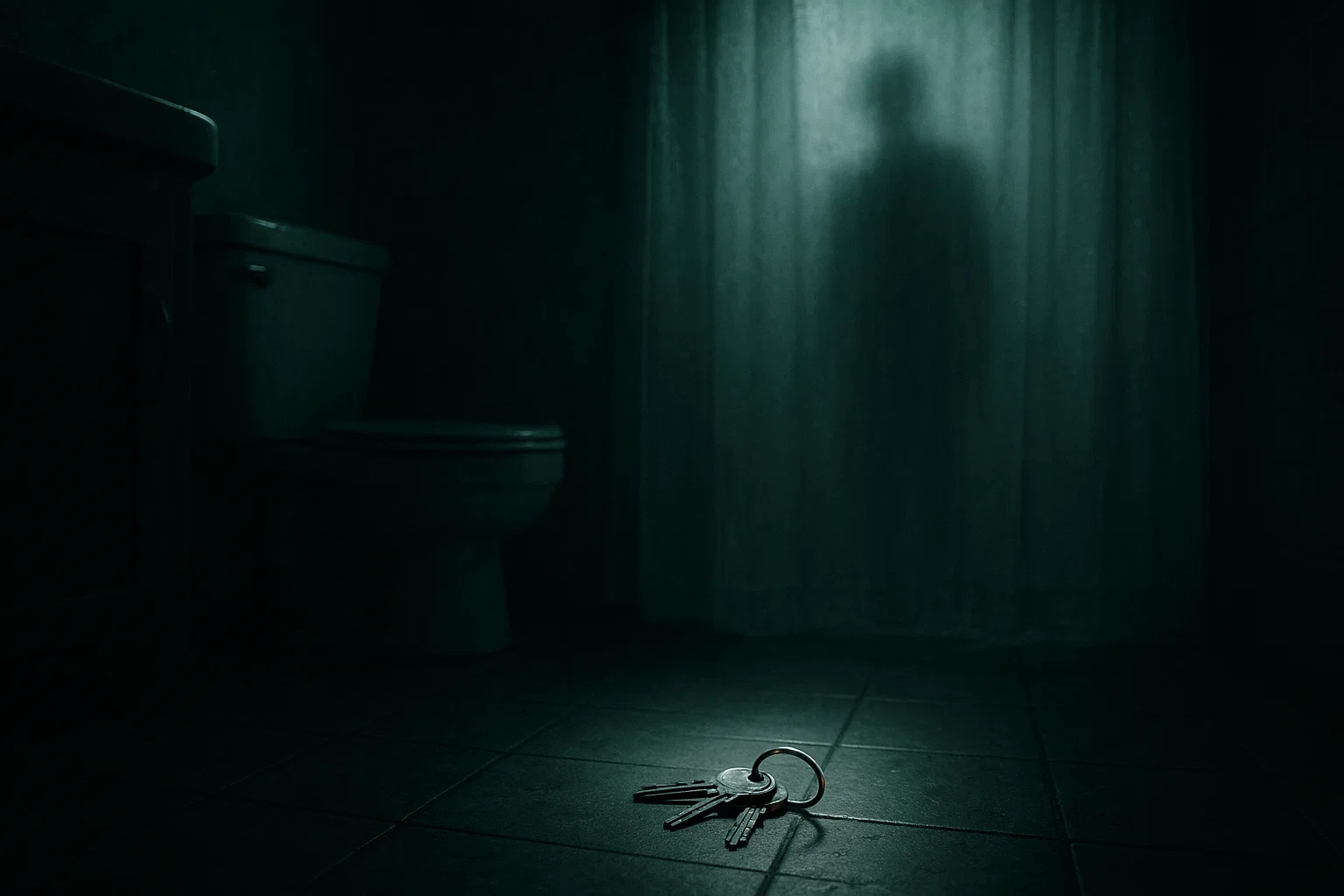 Chave no chão do box e um vulto atrás da cortina do chuveiro