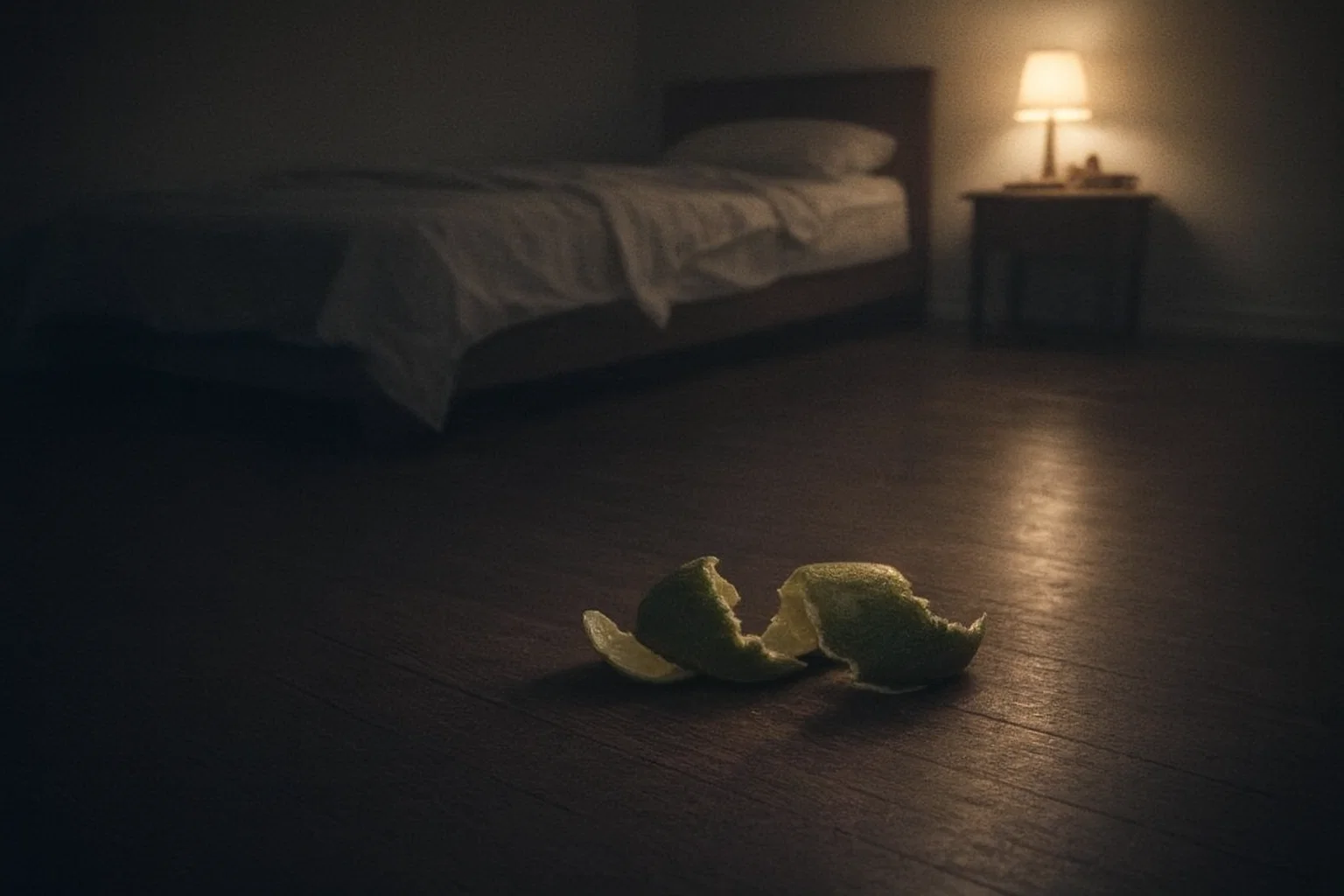 Quarto simples à meia-luz com uma casca de limão no chão