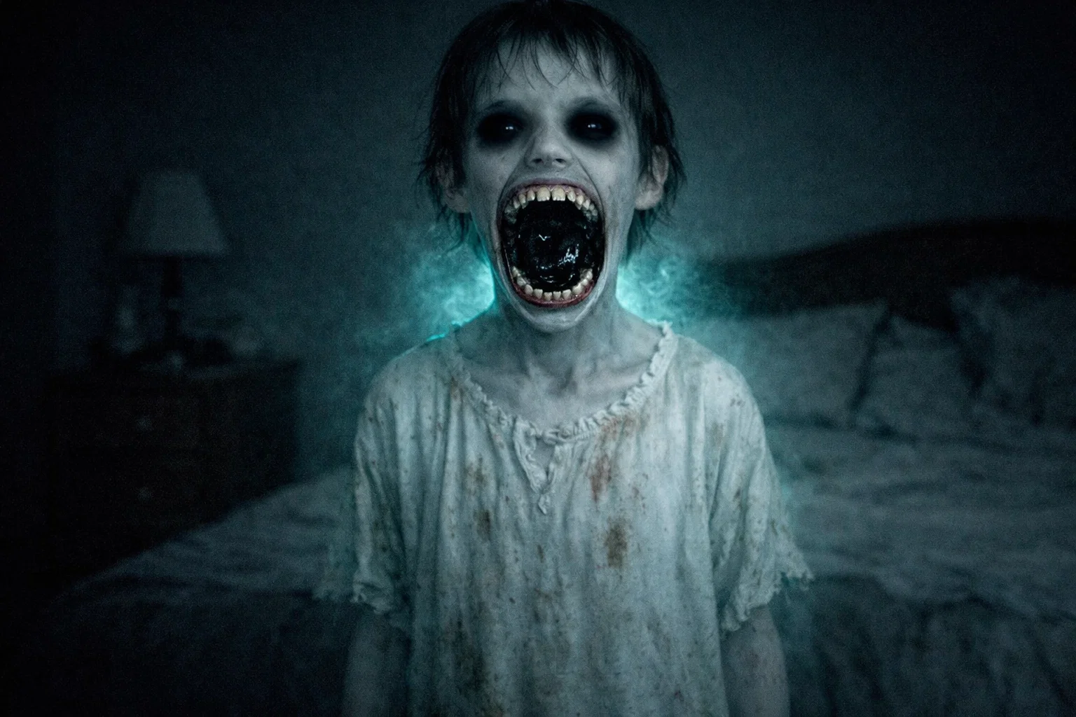 Entidade feminina espectral com cabelos negros desgrenhados e boca aberta de forma antinatural, revelando algo escuro em movimento